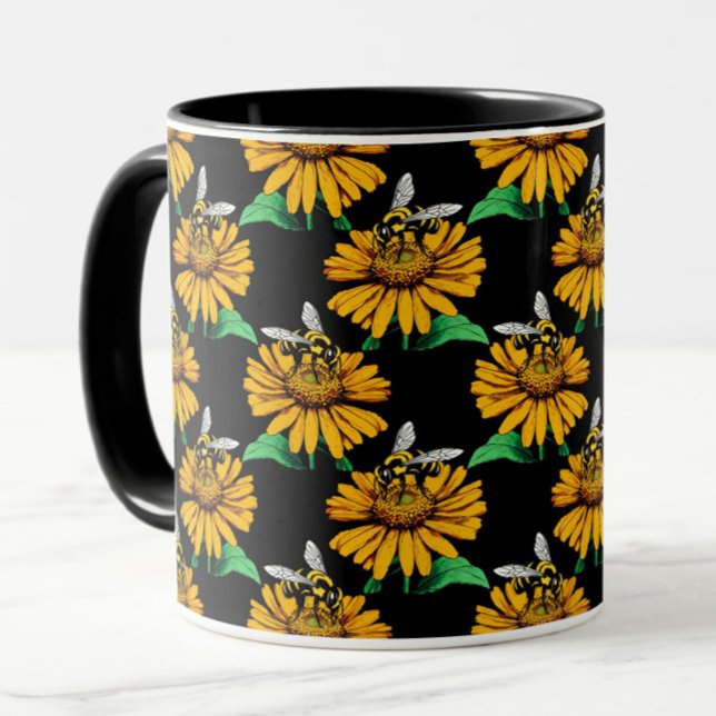 Taza Diseño del patrón de flor de girasol en negro (Subido por el creador)