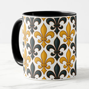 Taza Diseño del patrón Fleur-de-lis amarillo negro barr