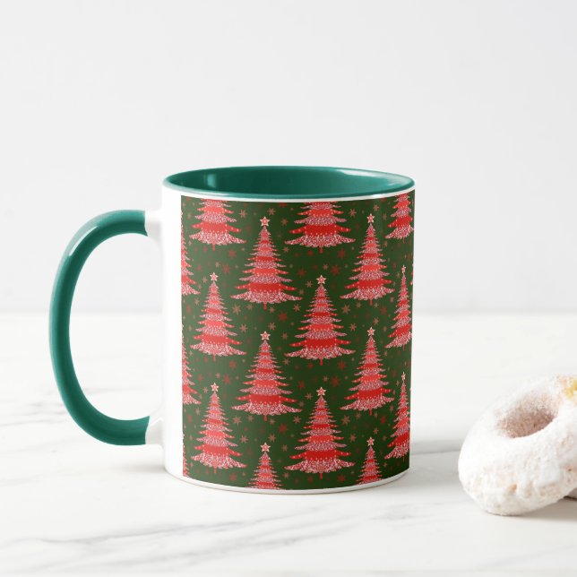 Taza Diseño del patrón verde rojo del árbol de Navidad (Con donut)
