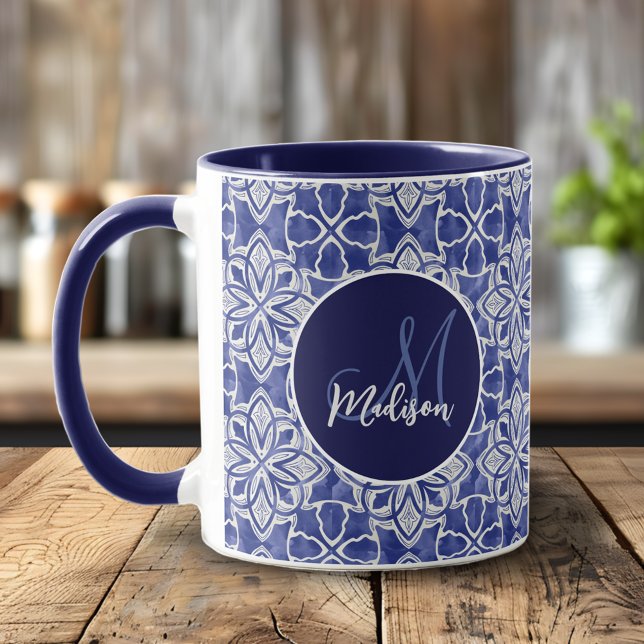 Taza Diseño elegante azul grisáceo inicial monogramado (Subido por el creador)