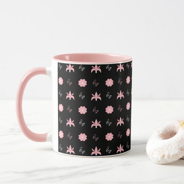 Taza Diseño elegante de patrones negro y rosa (Con donut)