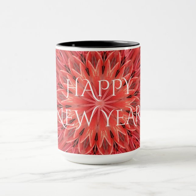 Taza Diseño Kaleidoscope Flor roja Feliz Año Nuevo text (Centro)
