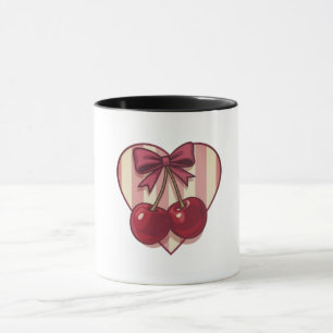 Taza Diseño Retro de Corazones con Cerezas y Lazo Cute