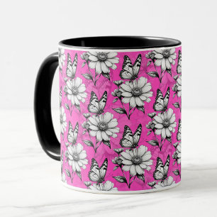 Taza Diseño rosa del patrón de flor de mariposa
