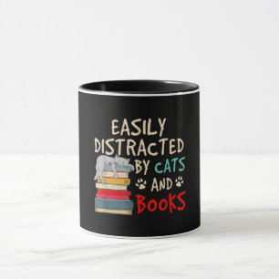 Taza Distracción fácil por gatos y libros   Gato grac