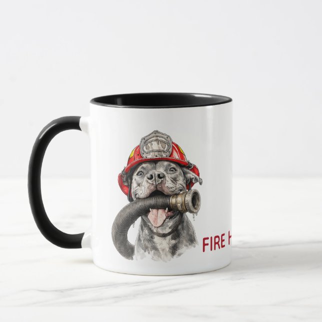 Taza divertida de bombero con perro y manguera de  (Izquierda)