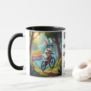 Taza divertida de conejo haciendo bunny hop MTB