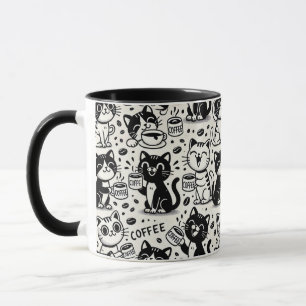 Taza divertida de gato blanco y negro bebiendo caf