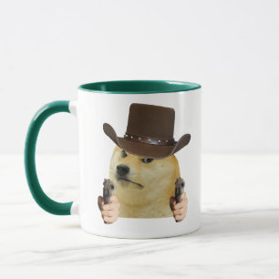 Taza divertida meme de perro vaquero con pistola m