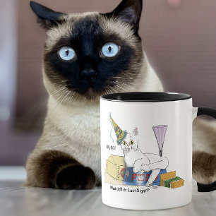 Taza Divertidas consecuencias de Nochevieja Gato blanco