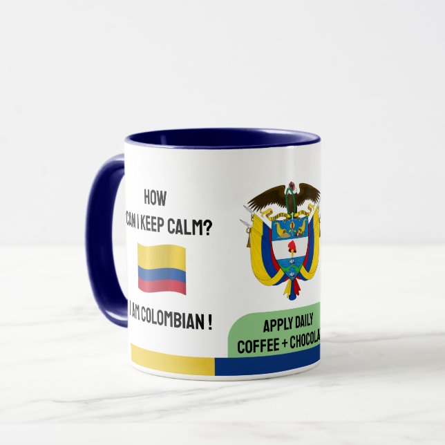 Taza Divertido Colombia: Mantengan la calma, texto, ban (Anverso izquierdo)
