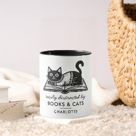 Taza Divertido Fácilmente Distraído por Libros y Gatos 