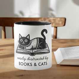 Taza Divertido Fácilmente Distraído por Libros y Gatos 