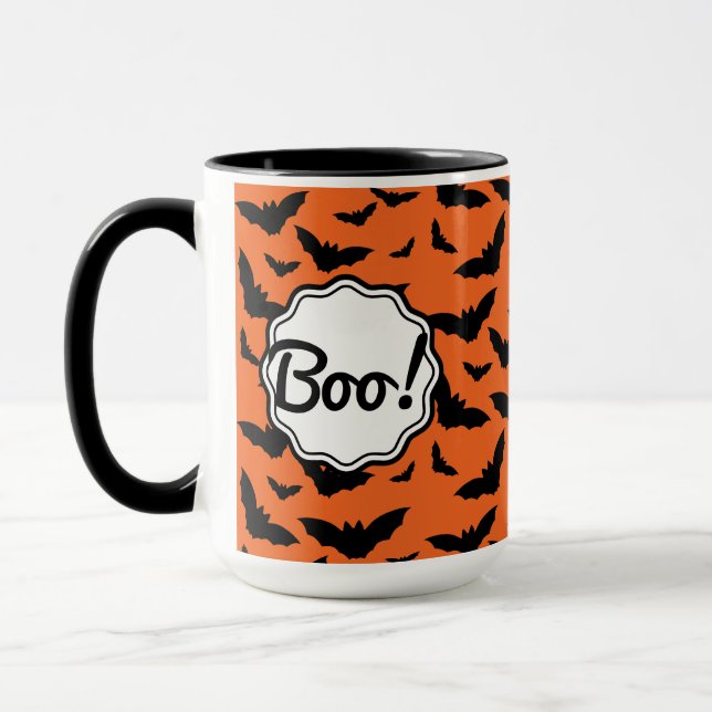 Taza ¡Divertido Naranja de Halloween Black Bat Boo! (Izquierda)