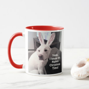 Taza Divertido Navidad perro blanco con orejas conejita