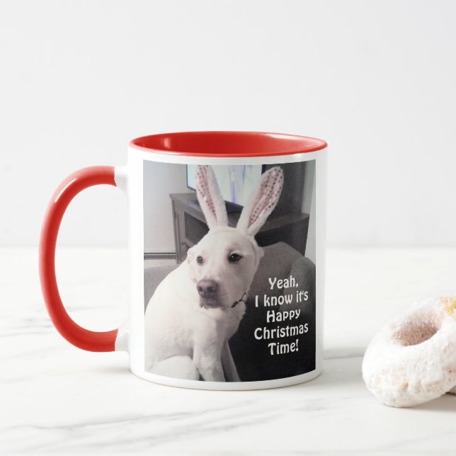 Taza Divertido Navidad perro blanco con orejas conejita (Con donut)