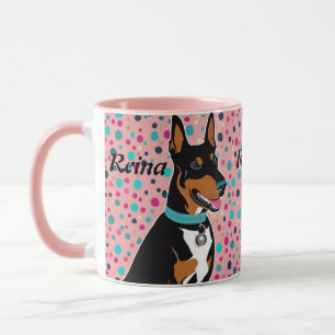 Taza Dobermann Puppy Añadir el nombre en rosa y turques