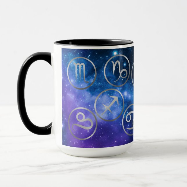 Taza Doce Símbolos Gris Zodiacos en galaxia azul | (Izquierda)
