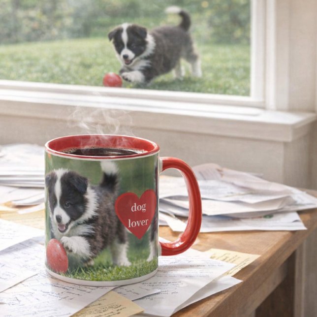 Taza Dog Lover Border Collie  (Messy desk, loyal Border Collie pup this mug celebrates real dog‑lover mornings with heart and steam)
