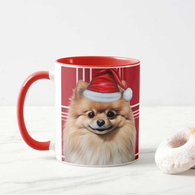 Taza Dog Lover's Pomeranian Holiday Red Plaid (Con donut)