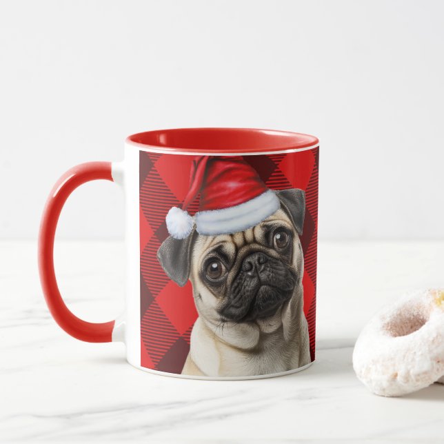 Taza Dog Lover's Pug Holiday Red Buffalo Plaid (Con donut)
