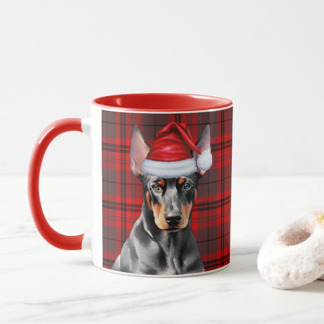 Taza Dog Lover's Red Plaid Doberman Pinscher Holiday (Con donut)