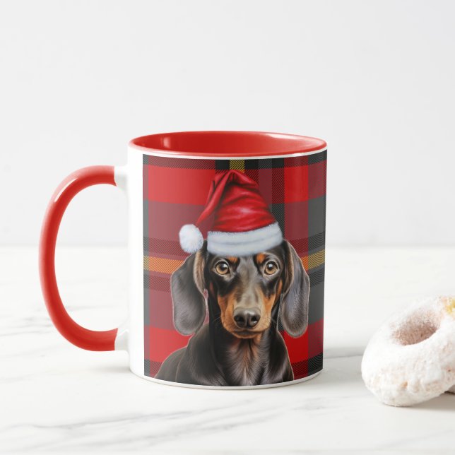 Taza Dog Lover's Red Plaid Smooth Dachshund Holiday (Con donut)