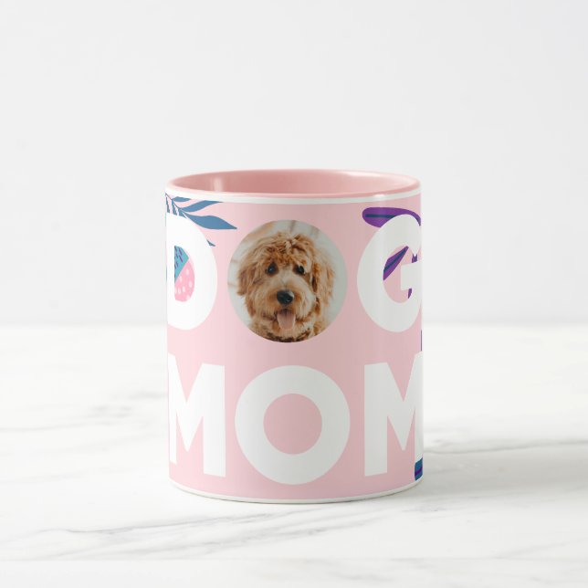 Taza DOG MOM, tu foto de grupo, flores rosadas y hojas (Centro)