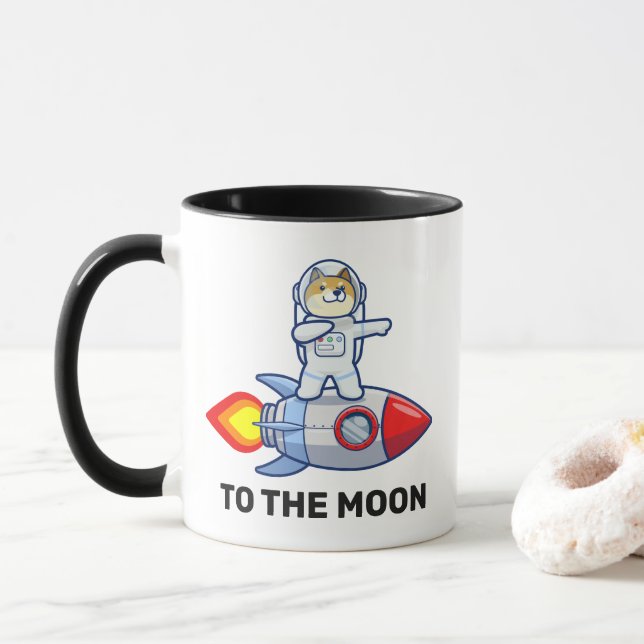 Taza Dogecoína Al Crypto Espacial Del Cohete De La Luna (Con donut)