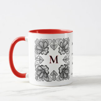 Taza Doodle abstracto moderno en BW y inicial con rojo