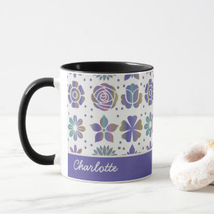 Taza Doodle púrpura estampado floral nombre personaliza