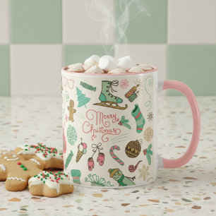 Taza Doodles de invierno de Feliz Navidad Retro