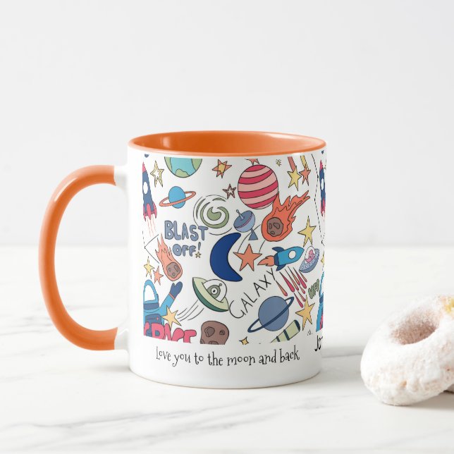 Taza Doodles de temas espaciales personalizados para ni (Con donut)