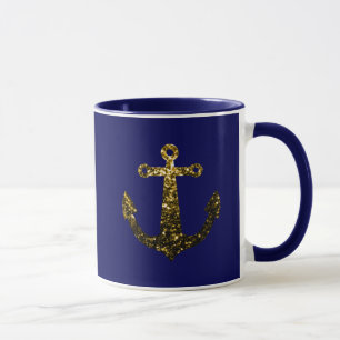 Taza Dorado brillo falso destellos Ancla azul marino