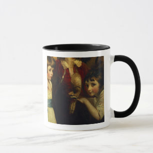 Taza Dos chicas, uno que juega con una máscara, detall