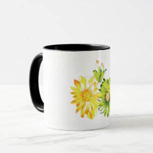 Taza dos flores amarillas y verdes sobre un fondo blanc