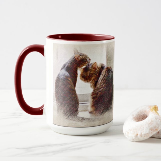 Taza Dos Gatos Maroon Bebida caliente de dos tonos Mug (Con donut)