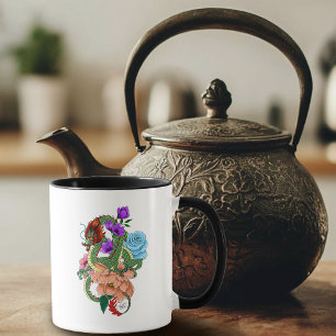 Taza Dragón Chino Verde Místico Floral Azul Marino