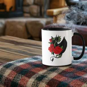 Taza Dragón Negro Místico Rosas Rojas Lavanda Gótico