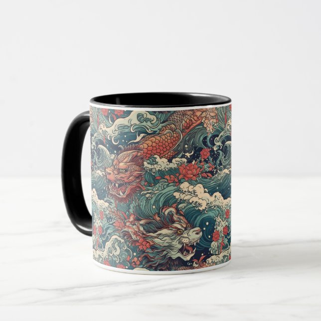 Taza Dragones gemelos de arte de tatuajes japoneses (Anverso izquierdo)