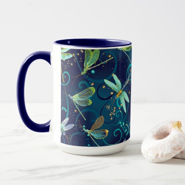 Taza Dragonflies Verde azulada 15oz Combo Mug (Con donut)