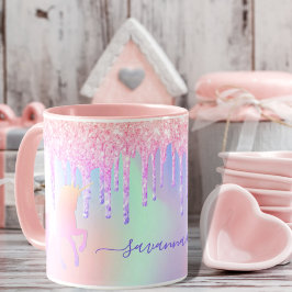 Taza Drenajes de nombres holográficos rosa de unicornio