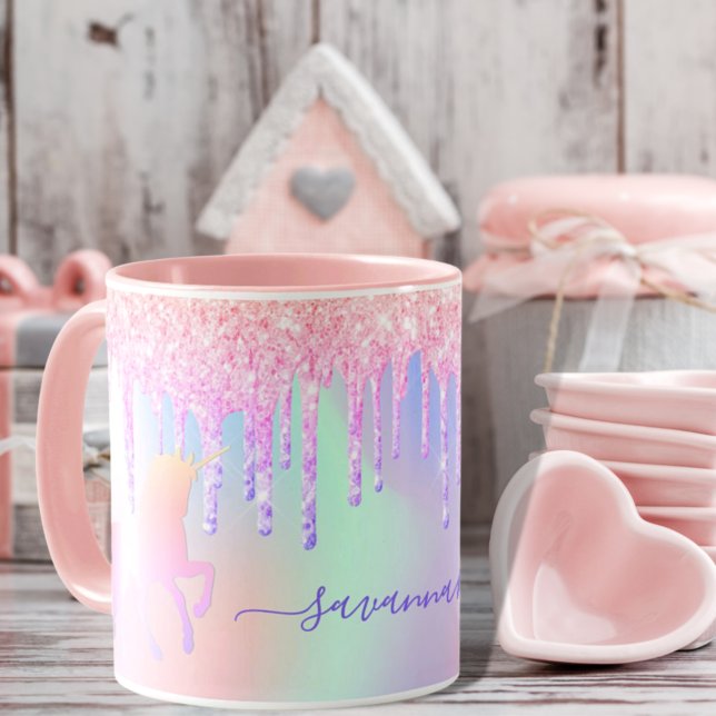 Taza Drenajes de nombres holográficos rosa de unicornio (Subido por el creador)