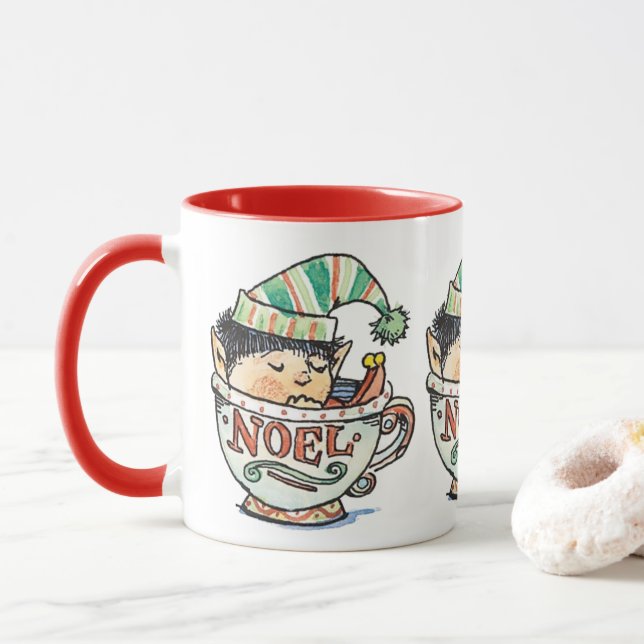 Taza Dulce Elfo de Navidad de Dibujos Animados Durmiend (Con donut)