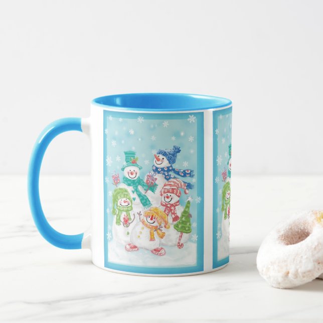 Taza Dulce familia de muñecos de nieve de Navidad en la (Con donut)