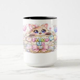 Taza Dulce Kawaii Síguenos Gato Pastel Rosa Redes Socia
