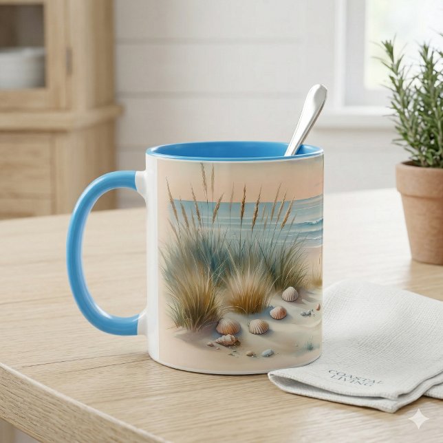 Taza Dunas Costeras Pastel Acuarela (Pastel Coastal Dunes Watercolor Mug On Kitchen Counter)