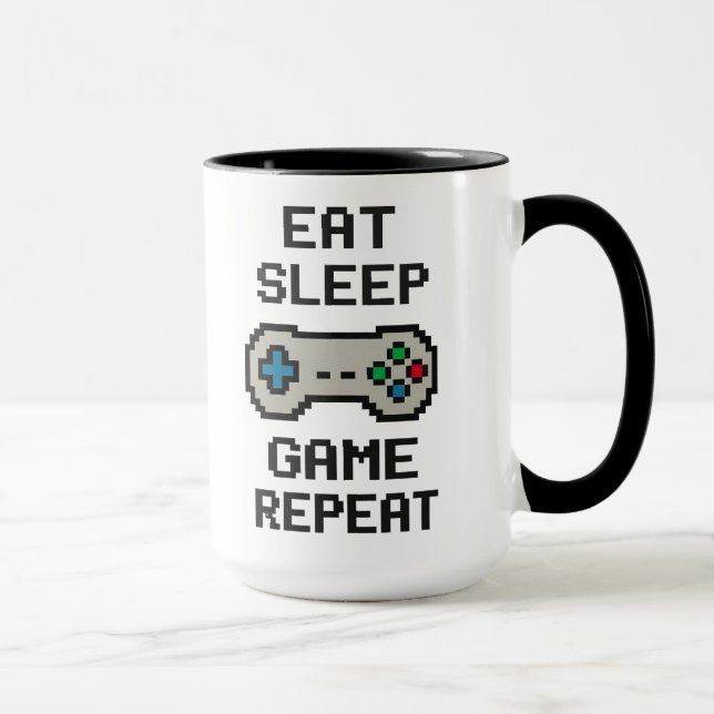 Taza Eat Sleep Game Repeat – Gamer Pixel Art Mug (Derecha)