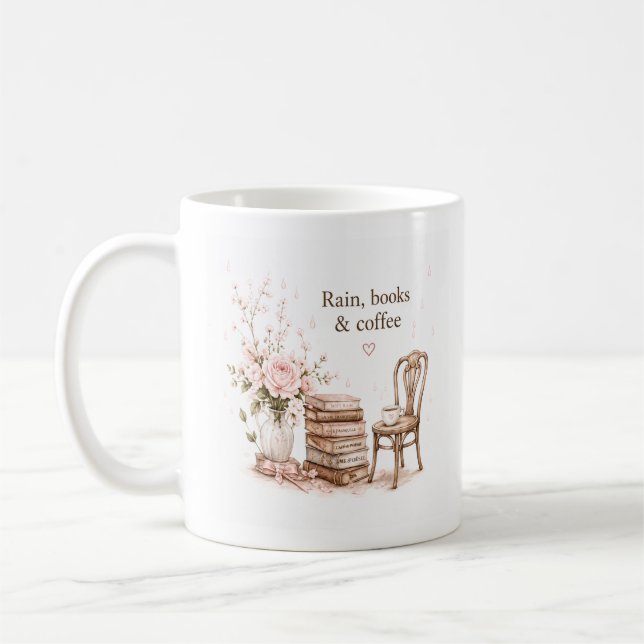 Taza editable de café y libros lluviosos (Izquierda)