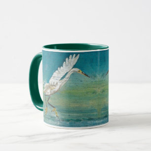 Taza Egret Bird Ocean Arte Verde azulado